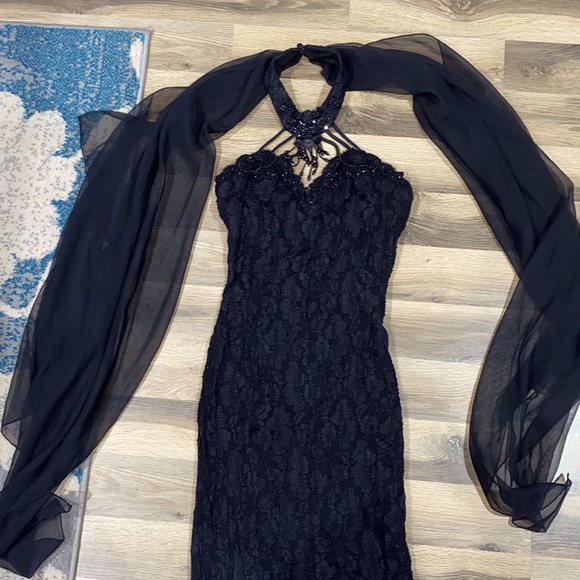 🕷️ Vintage Roberta High Neck Emo Goth Lace Beaded Prom Dress Gown With Sash 🕷️ - Picture 4 of 14